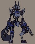 2_toes ambiguous_gender anthro beaked black_sclera blue_body blue_eyes chainsaw chainsaw_arm ear_tuft feet grey_background helldivers hi_res humanoid jagdtiger844 machine mask mechanical_body power_tool protogen robot simple_background skull_mask solo tail toes tool_arm tools tuft weapon_arm wrist_chainsaw wrist_weapon