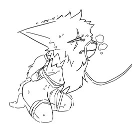 anthro biped blush bodily_fluids bound flaccid gag gagged genitals hair kneeling male mostly_nude mouth_closed penis ponytail scar simple_background solo sweat teeth three-quarter_view white_background dapong league_of_legends riot_games tencent kled_(lol) yordle hi_res monochrome