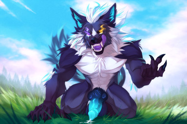 abs animal_genitalia anthro aura balls beckoning bodily_fluids claws erection facial_scar fangs field fluffy fluffy_tail fur fuzzy_balls genital_fluids genitals gesture gesturing_at_viewer grass grass_field kneeling knot knotted_penis licking looking_at_viewer male nude outside pecs penis plant precum prowling purple_eyes red_eyes scar sheath sky solo tail teeth tongue tongue_out white_body white_fur yellow_eyes yukitashi mythology rexxy_(pipinosgr) canid canine mammal mythological_canine mythological_creature prowler werecanid werecanine werecreature werewolf 3:2