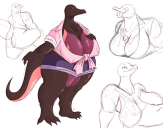 anthro belly big_belly big_breasts big_butt bodily_fluids bottomwear breast_play breasts butt clothing cum ejaculation fat_folds female genital_fluids hand_on_breast hotpants huge_belly huge_breasts huge_butt huge_thighs sagging_breasts sex shirt shorts slightly_chubby slightly_chubby_female solo thick_thighs tied_shirt titfuck tongue tongue_out topwear jared_dillon nintendo pokemon generation_7_pokemon pokemon_(species) salazzle absurd_res hi_res sketch
