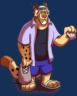 anthro biped bottomwear clothing footwear hat headgear headwear humanoid_hands male sandals seashell shell shirt shoes shorts smile solo topwear hubie360 brok_the_investigator cowcat_games dr._hush bobcat felid feline lynx mammal 2024 alpha_channel