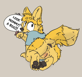 all_fours anthro anus clothed clothing female fur partially_clothed pawpads shirt solo text topwear yellow_body yellow_fur young avoid_posting ld50 emily_(ld50) canid canine canis mammal wolf worm english_text