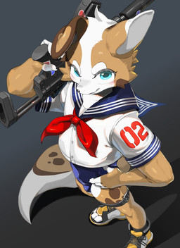 anthro clothing footwear grey_background gun hand_on_hip kemono male ranged_weapon shoes simple_background sneakers solo submachine_gun toeless_footwear weapon nyong canid canine mammal hi_res
