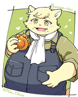 anthro belly blush bolo_tie bread clothing crumbs_on_face eating food heart_symbol male overalls overweight smile solo yellow_eyes young puku_choco cyberconnect2 fuga:_melodies_of_steel little_tail_bronx boron_brioche domestic_cat felid feline felineko felis mammal 4:5 hi_res