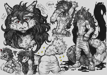 accessory anthro arm_tuft black_body black_fur black_fur_markings black_hair black_nose bottomwear chest_tuft clothing curly_hair dipstick_ears ear_markings elbow_tuft facial_hair facial_tuft fluffy fluffy_tail fur goatee grey_body grey_fur hair hair_accessory ink leg_tuft long_tail male multicolored_body multicolored_ears multicolored_fur neck_tuft oversized_bottomwear oversized_clothing oversized_pants pants red_eyes solo tail text tripping tuft waist_tuft white_body white_fur jwbash roku_(jwbash) lemur mammal primate ring-tailed_lemur strepsirrhine absurd_res english_text hatching_(art) hi_res shaded sketch sketch_page