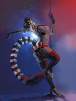 anthro dancing female looking_at_viewer looking_back pole pole_dancing solo himeragoldtail lemur mammal primate ring-tailed_lemur strepsirrhine 2016 hi_res