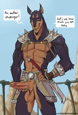 abs anthro armor balls belt bodily_fluids dialogue dripping erection genital_fluids genitals humanoid_genitalia humanoid_penis male masturbation melee_weapon muscular muscular_male pecs penile penile_masturbation penis precum precum_drip smile solo spiked_armor spikes sword text weapon vhkansfweer dobo_(thundercats) canid canine canis dobermann domestic_dog mammal pinscher 2022 english_text