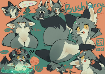 anthro bathing big_breasts bikini black_body black_ears black_eyes black_fur blush breasts chibi clothing countershade_face countershade_legs countershade_torso countershading curvy_figure dipstick_tail female feral fur gesture gloves_(marking) grey_body grey_fur keyhole_clothing leg_markings looking_at_viewer markings nude one_eye_closed pawpads paws slime socks_(marking) solo swimwear tail tail_markings text thick_thighs tools two-piece_swimsuit waving waving_at_viewer white_body white_fur wide_hips wink wrench yellow_sclera tobydoge bushberry_(tobydoge) avian bird canid canine fox mammal 2023 english_text hi_res