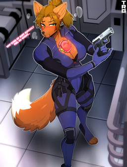 anthro biped blush bra breasts clothed clothed_anthro clothed_female clothing feet female fingers front_view fur gun hair inside ranged_weapon solo standing tail teeth toes underwear weapon thericegoat canid canine mammal 2026 digital_drawing_(artwork) digital_media_(artwork) hi_res