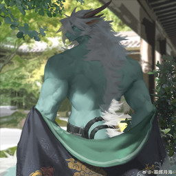 anthro belt black_belt blue_body blue_eyes blurred_background bottomwear brown_horn clothed clothing grey_bottomwear grey_clothing grey_pants grey_topwear hair horn looking_at_viewer male male_anthro messy_hair mouth_closed muscular muscular_anthro muscular_male outside pants rear_view solo standing topless topwear white_hair awaldkize mythology dragon mythological_creature mythological_scalie scalie 1:1 absurd_res hi_res
