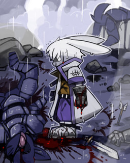 aftermath anthro armor battle biped blank_stare blood blood_on_face blood_on_hand blood_puddle bodily_fluids bottomwear clothed clothed_anthro clothing coat corpse fist fully_clothed fully_clothed_anthro gauntlets gloves handwear head_tuft melee_weapon pants plantigrade raining rubble sabatons shirt short short_anthro side_view solo sword topwear tuft weapon pizademokttero lagomorph leporid mammal rabbit 2024 4:5 absurd_res digital_drawing_(artwork) digital_media_(artwork) hi_res shaded soft_shading