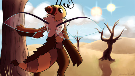 2_antennae antennae_(anatomy) anthro blue_sky claws cloud day finger_claws fur grass horn insect_wings markings multicolored_horn outside plant rear_view sky solo spread_wings star stinger stinger_tail striped_body striped_fur striped_horn striped_markings striped_tail stripes sun tail tail_markings tree two_tone_horn wings calamity_sammi mythology vtuber i.v._(ivycomb) arthropod bee dragon hybrid hymenopteran insect mythological_creature mythological_scalie scalie 16:9 4k absurd_res album_cover cover english_description hi_res widescreen nonbinary_(lore)