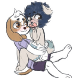 ambiguous_gender anthro blush clothed clothing diaper dipstick_ears dipstick_tail duo ear_markings fur hair markings multicolored_ears pacifier simple_background sitting tail tail_markings wearing_diaper young young_anthro monsterbunny gally_(monsterbunny) canid canine canis domestic_dog mammal 2017 archived_source digital_drawing_(artwork) digital_media_(artwork) low_res adult_(lore)