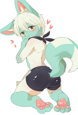 3_toes ambiguous_gender bangs big_butt blush bottomwear butt clothed clothing feet fluffy fluffy_tail fur glistening glistening_body glistening_bottomwear glistening_clothing glistening_eyes glistening_shorts hair hair_between_eyes heart_symbol hindpaw kerchief kneeling looking_at_viewer looking_back looking_back_at_viewer male pawpads paws pink_paws raised_tail short_hair shorts shorts_only simple_background size_difference smaller_male solo spandex spandex_shorts tail thick_thighs tight_bottomwear tight_clothing tight_shorts toes topless white_background white_body white_fur wide_hips young mintbananacake canid canine mammal hi_res