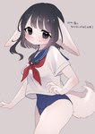 3_fingers :< anthro ascot asian_clothing big_ears black_hair blue_clothing blue_swimwear blush bob_cut bodily_fluids body_blush breasts clothing dot_nose ear_tuft ears_down east_asian_clothing female fingers fluffy fluffy_tail fur grey_eyes hair japanese_clothing japanese_school_uniform leg_tuft looking_at_viewer multi_tail neck_tuft one-piece_swimsuit pivoted_ears school_swimsuit school_uniform serafuku simple_background solo standing sweat swimwear tail text topwear tuft uniform white_body white_clothing white_fur white_topwear 115meg canid canine fennec_fox fox mammal true_fox absurd_res hi_res japanese_text