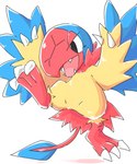 3_toes 5:6 ambiguous_gender archen black_eyes blue_body blue_feathers chaba claws fangs feathers featureless_crotch feet feral fossil_pokemon generation_5_pokemon hi_res nintendo open_mouth pokemon pokemon_(species) red_body red_feathers simple_background solo teeth toe_claws toes white_background yellow_body