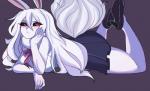 anthro big_breasts black_sclera blush bottomwear breasts clothed clothing female footwear fully_clothed fur furgonomics hair high_heels long_hair lying on_front red_eyes shoes side_view skirt solo tail tail_through_skirt thick_thighs white_body white_fur white_hair yoshiikirablr one_piece carrot_(one_piece) sulong_carrot lagomorph leporid mammal minkmen_(one_piece) rabbit hi_res