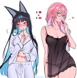 big_breasts bite_mark bite_mark_on_neck bite_mark_on_stomach black_clothing black_panties black_underwear blue_hair blush blush_lines bodily_fluids breasts brush brushing brushing_teeth cleavage clothed clothing clothing_lift duo ear_piercing emanata embarrassed eyewear female female/female female_human female_humanoid glasses hair heart_symbol holding_lipstick holding_object human_on_humanoid interspecies lipstick lipsticking long_hair makeup pajamas panties piercing pink_hair red_eyes shirt simple_background skindentation sleepwear sweat sweaty_face text thick_thighs topwear translucent translucent_clothing translucent_shirt translucent_topwear underwear wearing_glasses white_background wide_hips qiandaiyiyu mihoyo zenless_zone_zero hoshimi_miyabi tsukishiro_yanagi animal_humanoid canid canid_humanoid canine canine_humanoid fox_humanoid human humanoid mammal mammal_humanoid thiren absurd_res digital_drawing_(artwork) digital_media_(artwork) hi_res url