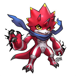 abs anthro chibi claws horn male red_body scarf solo yellow_sclera cwdwcwdw bandai_namco digimon digimon_ghost_game betelgammamon digimon_(species) scalie hi_res