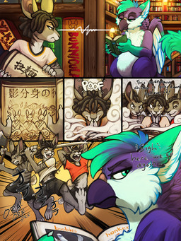 anthro axe black_hair blue_hair brown_eyes clothed clothing dialogue dreadlocks feathered_wings feathers fight fur glistening glistening_eyes green_eyes green_hair grey_body grey_fur group hair holding_axe holding_baseball_bat holding_melee_weapon holding_object holding_sword holding_weapon inside library male melee_weapon mouth_closed narrowed_eyes open_mouth purple_body purple_feathers purple_hair purple_wings semi-anthro size_difference sword text weapon white_body white_feathers white_fur white_wings wings acidic mythology avian gryphon lagomorph leporid mammal mythological_avian mythological_creature rabbit 3:4 chinese_text comic english_text hi_res