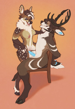 animal_genitalia animal_penis anthro antlers blue_penis breasts brown_body brown_fur cervine_genitalia cervine_penis choker cigarette cloven_hooves dominant dominant_female duo ear_piercing ear_ring erection eye_contact female from_front_position fur genitals grin holding_cigarette holding_object hooves horn jewelry looking_at_another male male/female mastery_position multi_nipple neck_tuft necklace nipples notched_ear penis piercing ring_piercing sex smile teeth tied_to_chair tuft vaginal vulva seraphictiger deer mammal