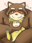 anthro bodily_fluids duo heart_symbol kemono larger_male male male/male overweight size_difference smaller_male tears text young young_anthro ibuki_haruno silver-fox-gin canid canine fox mammal raccoon_dog tanuki 3:4 japanese_text translation_request