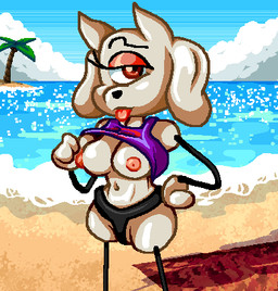 1_eye anthro banding beach beach_towel bedroom_eyes bikini_thong blep breasts clothed clothing clothing_lift cloud exposed_breasts eyebrows eyeshadow female floppy_ears glistening glistening_water gradient_background hand_on_hip inviting_viewer island looking_at_viewer makeup midriff mitten_hands narrowed_eyes noodle_arms palm_tree plant pointy_ears raised_eyebrow red_eyes sea seductive shirt shirt_lift short_snout simple_background solo stick_limbs summer swimwear tongue tongue_out topwear towel tree unibrow unusual_anatomy unusual_limb water wave spdy4 tdtbaa pearlsy canid canine canis cyclops domestic_cat domestic_dog doodle_(species) felid feline felis mammal 2024 artist_collaboration colored_line_art digital_media_(artwork) low_res pixel_(artwork)