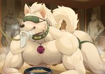 anthro areola bdsm biped blindfold bowl bulge chain chain_leash collar container fur group leash leashed_collar male male/male muscular muscular_anthro muscular_male nipples pet_bowl sock_in_mouth solo_focus spiked_collar spikes tail mumu202 canid canine canis mammal wolf