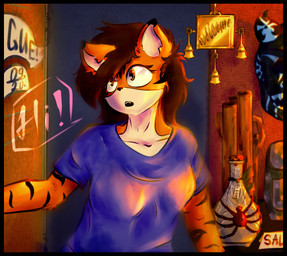 anthro bell black_border black_ear_tips black_stripes blue_clothing blue_shirt blue_topwear border bottle brown_hair clothing container countershading dialogue dipstick_ears ear_markings female hair inside multicolored_ears open_mouth orange_body shirt solo speech_bubble stripes tan_body tan_countershading tan_inner_ear text topwear porteryx tori_taxel felid mammal pantherine tiger 2025 absurd_res english_text hi_res