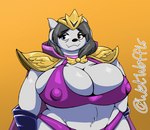 anthro armor big_breasts blue_eyes bra breasts cape clothing crown female fur gold_(metal) gold_armor headgear huge_breasts orange_eyes purple_cape purple_clothing simple_background solo standing underwear white_body white_fur wide_hips wetwaffls undertale undertale_(series) temmgore_(temmieverse) temmie_(undertale) bovid caprine goat hybrid mammal tem