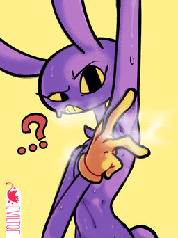 anthro armpit_fetish armpit_play bodily_fluids chest_tuft clothed clothing eyelashes gloves handwear long_eyelashes male musk presenting_armpit purple_body question_mark simple_background solo spreading sweat sweatdrop teeth tuft ventral_groove eviltqf glitch_productions the_amazing_digital_circus jax_(tadc) lagomorph leporid mammal rabbit hi_res