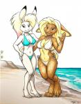 4_toes 5_fingers beach bikini bikini_bottom bikini_top blonde_hair breasts brown_body brown_fur clothing digitigrade duo feet female fingers fur hair looking_at_viewer medium_breasts navel ring seaside side-tie_bikini side-tie_clothing side-tie_swimwear smile string_bikini swimwear toes two-piece_swimsuit water wave white_body white_fur megan_giles candi_(dustmeat) liane lagomorph leporid mammal rabbit 2019