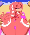 anthro beach beach_towel bedroom_eyes big_butt bikini bottle butt clothing container crossgender female huge_butt lips looking_at_viewer looking_back lying markings narrowed_eyes on_front seductive solo swimwear thick_bottom_lip thick_thighs towel two-piece_swimsuit zaviel sega sonic_the_hedgehog_(series) knuckles_the_echidna echidna mammal monotreme