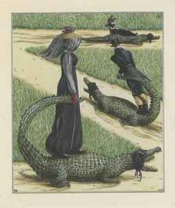 clothed clothing female feral group hair hat headgear headwear male riding sharp_teeth suit teeth top_hat water ruth_marten crocodile crocodilian human mammal reptile scalie 2015 graphite_(artwork) hi_res signature traditional_media_(artwork)