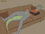 anthro bottomless clothed clothing erection eyes_closed furniture genitals grey_body hoodie lying male nude penis sofa solo tail topwear torgore mythology dragon mythological_creature mythological_scalie scalie 4:3 absurd_res hi_res