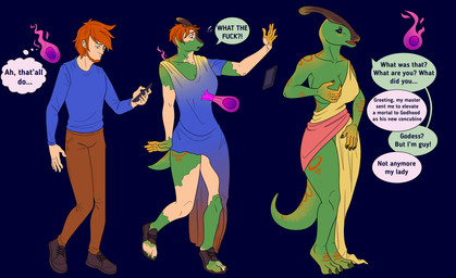 alternate_costume anthro bottomwear breast_grab breast_growth breasts clothed clothing clothing_swap costume dialogue dress electronics female forced forced_transformation gender_transformation green_body growth hair hand_on_breast horn legwear male mid_transformation mtf_transformation outfit_change pants phone shirt simple_background solo species_transformation speech_bubble tail text topwear torn_bottomwear torn_clothing torn_legwear torn_pants torn_shirt torn_topwear transformation transformation_sequence kiri-anko deity dinosaur hadrosaurid human mammal ornithischian ornithopod parasaurolophus prehistoric_species reptile scalie comic english_text hi_res sequence