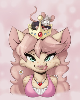 accessory anthro big_hair black_eyes bow_tie breasts clothed clothed_anthro clothed_female clothed_male clothing crown duo eyebrows eyelashes female flower flower_in_hair freckled_chest freckled_face freckled_shoulders freckles fully_clothed fully_clothed_anthro fully_clothed_female fully_clothed_male fur green_eyes grey_body grey_fur hair hair_accessory headgear jewelry licking licking_lips long_eyelashes long_hair looking_at_viewer macro male male/female micro necklace plant princess raised_eyebrow royalty servant sinister size_difference small_breasts smaller_female smaller_male tan_body tan_fur tan_hair tan_nose thick_eyelashes tiara tongue tongue_out muhny lyle_(muhny) princess_nino_(muhny) domestic_cat felid feline felis mammal mouse murid murine rodent hi_res icon