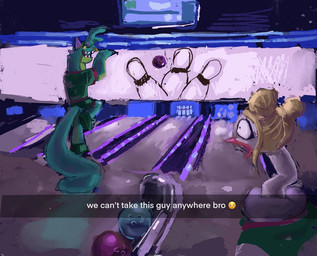anthro ball beak bowling bowling_alley bowling_ball bowling_pin duo female humor male open_beak open_mouth sportswear surprised throwing_ball terryixl goat_(movie) snapchat sony_corporation sony_pictures modo_olachenko olivia_burke avian bird komodo_dragon lizard monitor_lizard ostrich ratite reptile scalie meme oil_painting_(artwork) painting_(artwork) traditional_media_(artwork) traditional_painting_(artwork)