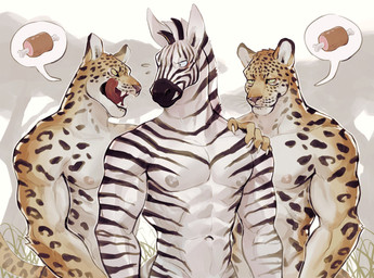 abs anthro anthro_on_anthro biped black_body black_fur bodily_fluids fangs fur grey_nipples group hand_on_shoulder interspecies licking licking_lips licking_own_lips male male/male markings meat_on_bone multicolored_body multicolored_fur muscular muscular_anthro muscular_male nipples nude_anthro nude_male outside pecs predator/prey savanna spots spotted_body spotted_fur striped_body striped_fur stripes sweat teeth tongue tongue_out trio two_tone_body two_tone_fur white_body white_fur yellow_body yellow_fur k0bit0wani equid equine felid feline leopard mammal pantherine zebra 2023 digital_media_(artwork) hi_res