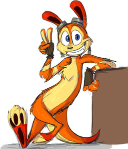 arm_support blue_eyes chest_tuft clothing eyewear eyewear_on_head feral fingerless_gloves fur gesture gloves goggles goggles_on_head hand_gesture handwear leaning_on_elbow male orange_body orange_fur pawpads paws semi-anthro simple_background sketchy smile smiling_at_viewer solo tuft v_sign white_background bella_the_artist jak_and_daxter naughty_dog sony_corporation sony_interactive_entertainment daxter mammal mustelid ottsel digital_media_(artwork) hi_res