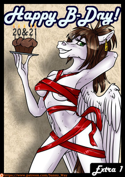 anthro birthday birthday_cake breasts brown_hair cake clone clothed clothing dessert feathered_wings feathers female food fur green_eyes hair hooves inside looking_at_viewer nipples partially_clothed ponytail smile solo spread_wings text white_body white_fur wings sunny_way mythology sunny_way_(character) equid equine mammal mythological_creature mythological_equine pegasus 2017 comic english_text hi_res