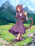 adventure backpack barefoot brown_hair clothing coat detailed_background feet female flower forest hair happy mountain plant purple_clothing purple_coat purple_topwear short_hair solo topwear traveling tree lunareden lucy_(dehelleman) animal_humanoid cat_humanoid felid felid_humanoid feline feline_humanoid humanoid mammal mammal_humanoid hi_res