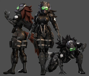 5_fingers anthro armor breasts brown_hair butt clothed clothed_anthro clothed_female clothing female fingers full_armor group hair headgear helmet humanoid_hands kneeling military soldier standing tail trio warrior petruz petruz_(modeler) hellhound_(petruz) canid canine mammal 2024 3d_(artwork) digital_media_(artwork) hi_res source_filmmaker_(artwork)