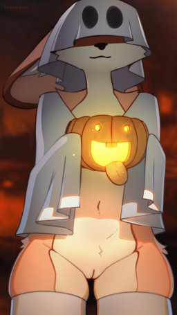 anthro biped black_nose bottomless bottomless_anthro bottomless_female closed_smile clothed clothing ears_back female female_anthro food front_view fruit fur genitals inner_ear_fluff legwear mouth_closed multicolored_body multicolored_fur orange_body orange_fur pivoted_ears plant pumpkin simple_background smile solo squish standing thigh_highs thigh_squish tuft vulva white_body white_fur freeedon ri_(freeedon) lagomorph leporid mammal rabbit 2025 2d_animation 9:16 animated frame_by_frame hi_res