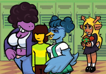 afro anthro big_breasts breasts cleavage clothed clothing crossgender eyewear female glasses group male faceofjace deltarune undertale_(series) berdly kris_dreemurr noelle_holiday susie_(deltarune) avian bird deer human lizard mammal new_world_deer reindeer reptile scalie