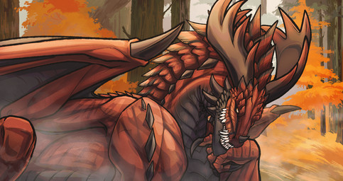 ambiguous_gender black_body black_scales black_wings brown_horn day detailed_background fangs feral forest grin horn looking_at_viewer membrane_(anatomy) membranous_wings narrowed_eyes orange_eyes outside plant pupils red_body red_scales scales sharp_teeth side_view slit_pupils smile solo teeth tree wings kardinaluz mythology razoth dragon mythological_creature mythological_scalie scalie hi_res