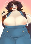 anthro areola areola_slip big_breasts blush breasts cleavage clothed clothing curvy_figure deep_cleavage denim denim_clothing female female_anthro hair huge_breasts ineffective_clothing kemono looking_at_viewer nipple_outline oblivious overalls overalls_only pink_areola puffy_areola shy sleeveless_topwear slightly_chubby smile smiling_at_viewer solo thick_thighs tongue voluptuous wardrobe_malfunction wide_hips underchikichan amaverse angel_welina bernese_mountain_dog canid canine canis domestic_dog mammal molosser mountain_dog swiss_mountain_dog absurd_res hi_res