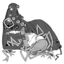 bandage bite biting_lip blush bodily_fluids bottomwear camera_eyes camera_film camera_lens caught caught_by_viewer cloak clothing drooling duo footwear hand_on_shoulder larger_male long_arms looking_at_viewer lying male male/male missing_arm multi_eye multi_leg multi_limb on_side one_arm pants saliva shirt shoes simple_background size_difference slightly_chubby smaller_human smaller_male smile sweat sweatdrop tank_top topwear white_background mechacockzilla look_outside lyle_(look_outside) sam_(look_outside) arachnid arthropod cursed_(look_outside) eldritch_abomination human mammal monster spider 1:1 hi_res monochrome