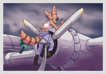 aircraft airplane anthro bottomwear clothed clothing female footwear holding_object holding_tool overalls shirt shoes sitting solo tail tank_top toolbox tools topwear vehicle jolyn_foxxo ratchet_and_clank sony_corporation sony_interactive_entertainment fan_character lombax mammal digital_media_(artwork) hi_res