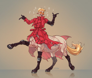 blonde_hair boots brown_background clothing coat eyewear footwear glasses gloves hair handwear hooves humanoid_pointy_ears male pointy_ears scar scars_all_over shoes simple_background solo standing tail topwear wearing_glasses white_body lucasestellar european_mythology greek_mythology mythology vash_the_stampede centaur equid equid_taur equine equine_taur humanoid_taur mammal mammal_taur taur hi_res